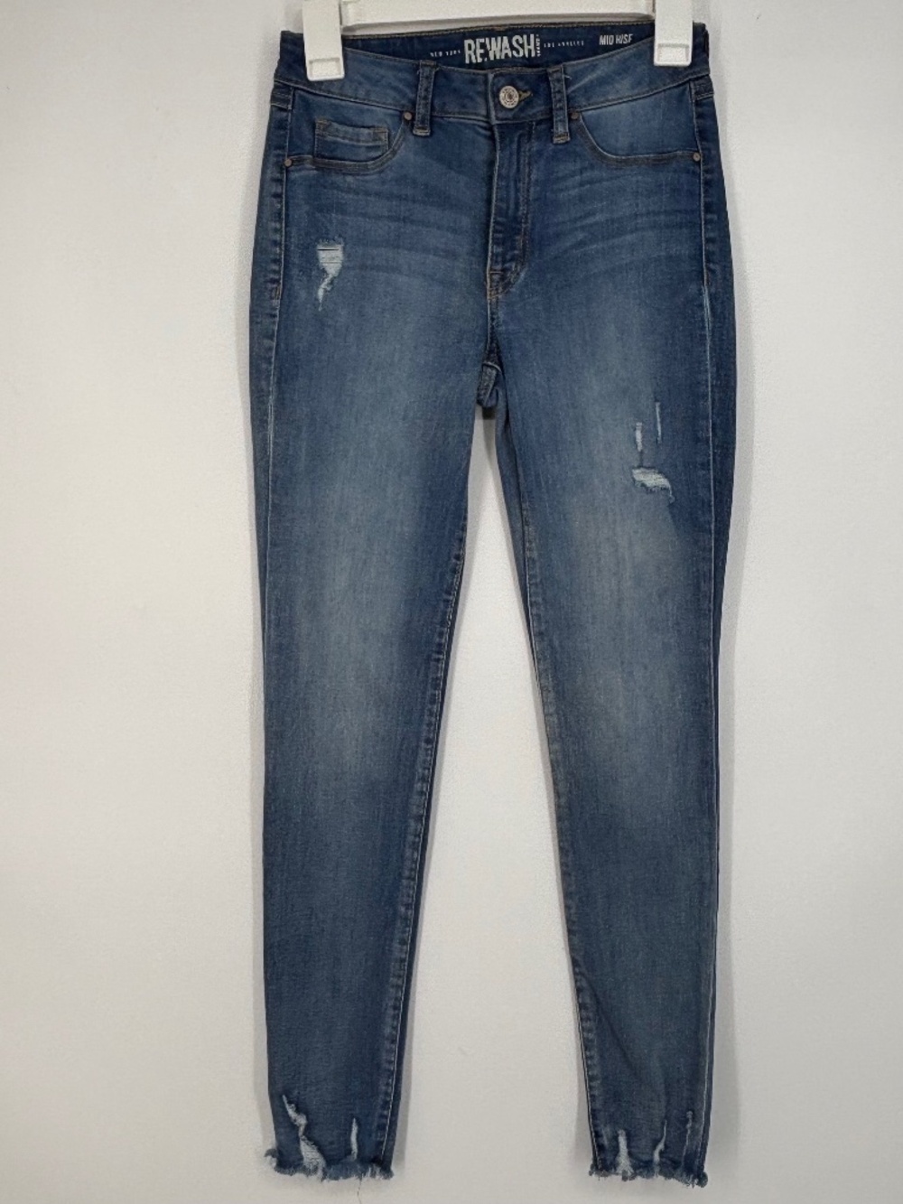 ReWash Juniors Size 3 Jeans Jeggings Mid Rise Skinny Distressed Medium Blue Wash